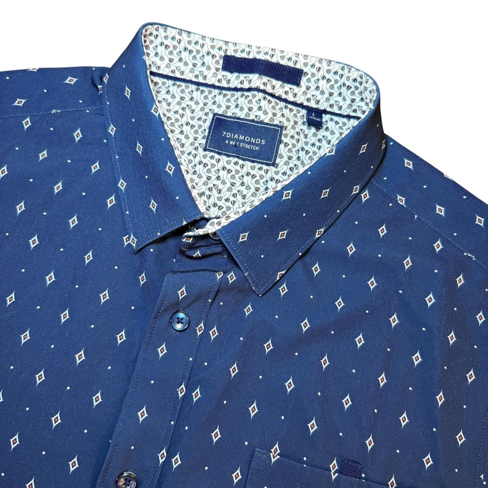 7 Diamonds The Good Ones Navy Geometric 4-Way Stretch Short Sleeve Shirt Mens L